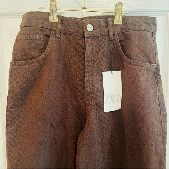 Zara Brown Animal Print Wide-Leg Jeans NWT!! - Picture 3 of 8